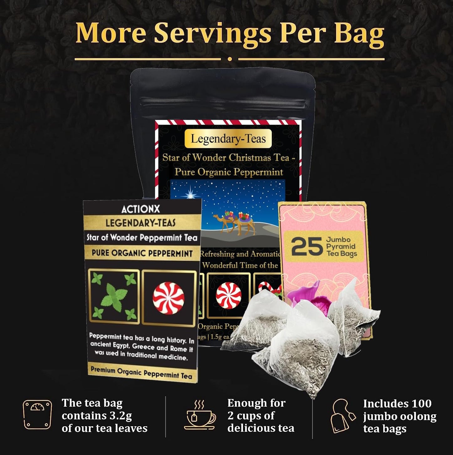 Premium Peppermint Tea - 25 Pack Gift Pouch | Legendary-Teas Jumbo Pyramid Tea Bags