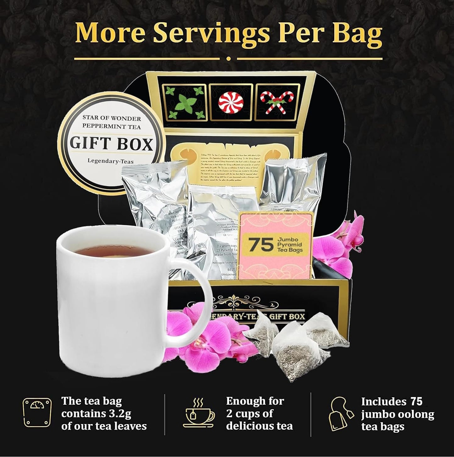 Premium Peppermint Tea 75-Pack Gift Box - Legendary-Teas Jumbo Pyramid Tea Bags