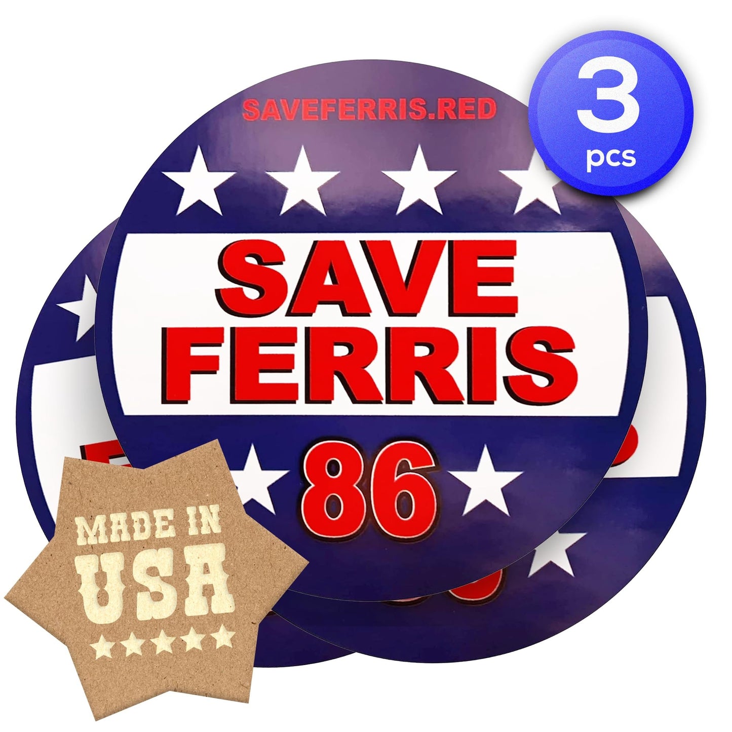 Save Ferris Bumper Stickers USA-Made - 4" Round, 3 Pack